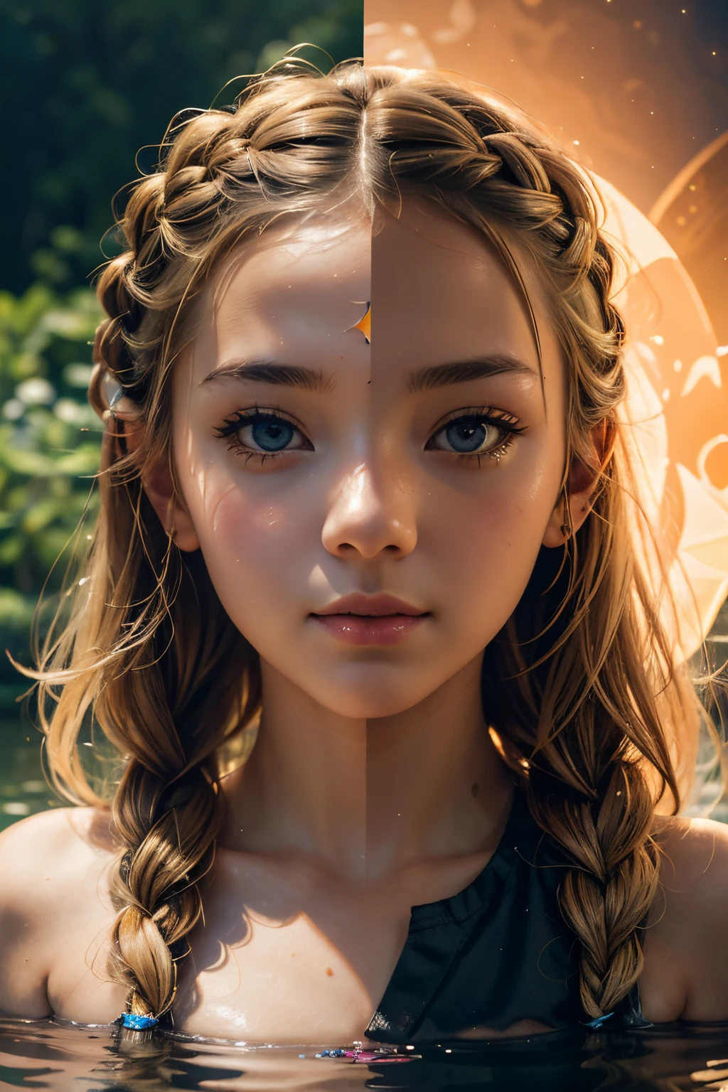 (tmasterpiece several style, best quality, day), 1cute kawai girl, portrait type photo, peach, skinny, thirsty, dark blonde dutch braid, mask, pond background, Dazzling, trending on ArtStation, nsfw double exposure, Psychedelic art style, divides into two distinct realms, stark contrast between the light and the dark