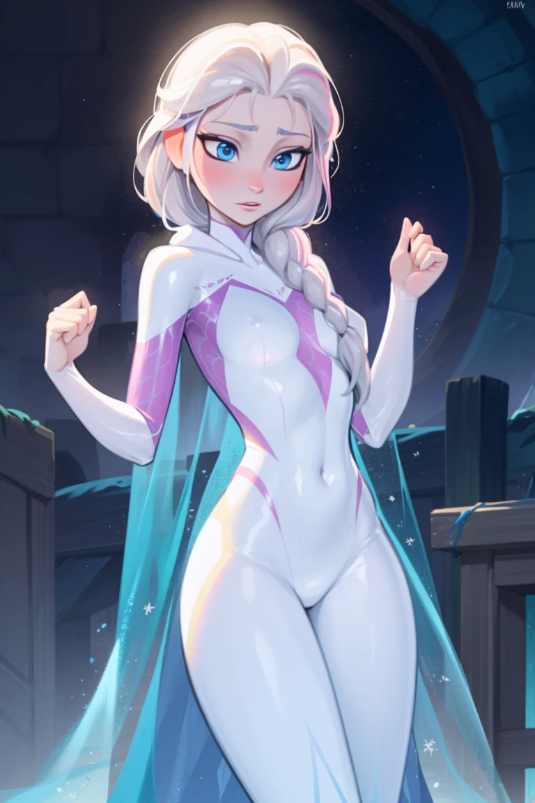 Elsa of arendelle wearing Spidergwen costume, Spidergwen costume, braid, human ears, Elsa of arendelle, elsa of arendelle, single braid, hooded bodysuit