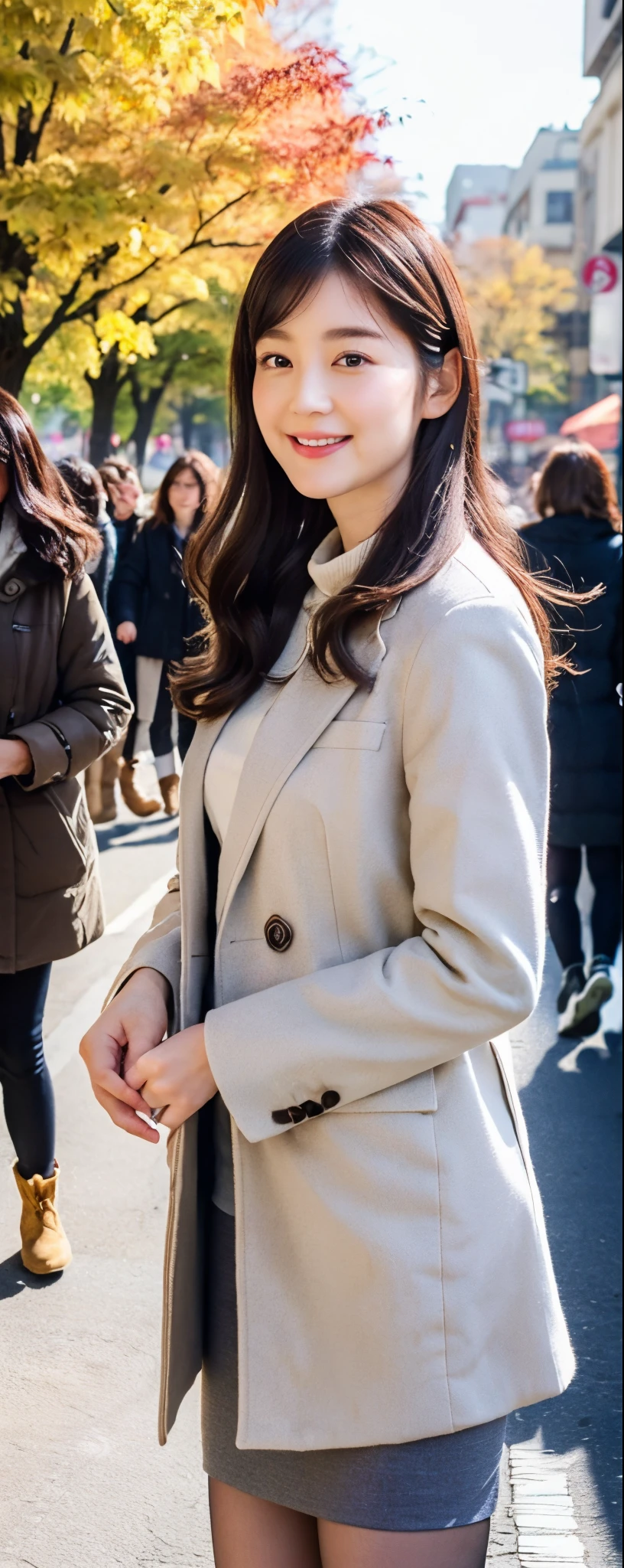 (8k, RAW photos, top quality, masterpiece: 1.2, ultra detailed, super resolution, real photos: 1.37), (Full body photo), 1 noble elegant Japanese lady, (standing contrapposte), ((pale color coodinate amber peach light brown other color, wearing over-size grey coat, beige long skirt, inner shirt, black tights, wearing long boots)), Shiny, Smile, Looks like 1.8 meters tall, large pelvis, Large breasts, big cuvy hips, Thin waist, Long legs, skin hyper-detail, 20 years old, Perfect face, (Detailed facial features), Wavy hair, Daylight, autumn season, center of street, crowd of people,