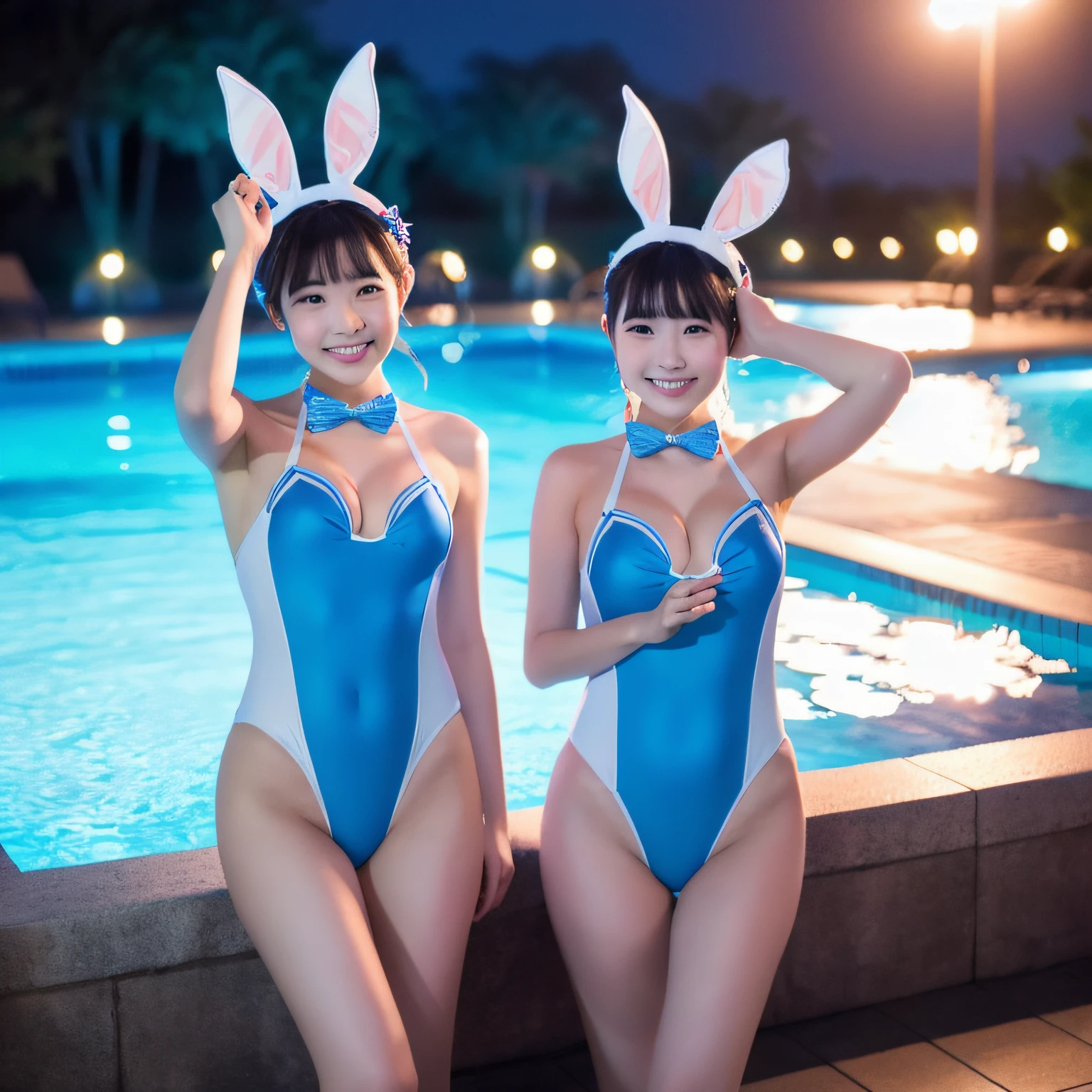 Two twins standing by the water in the night pool　a beauty girl　Bunny Headband　Shimmering light blue swimsuit　A smile　Maids　hposing Gravure Idol