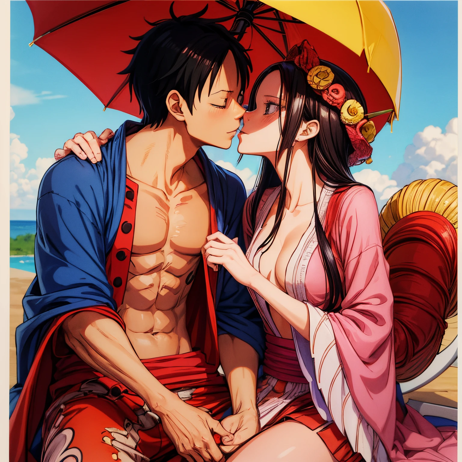 a drawing of a man name Monkey D Luffy and woman name Boa Hancock kissing under an umbrella, concept art of love, kissing together cutely, marton gyula kiss ( kimagu ), centimeters away from my face, clean anime outlines, by Naka Bokunen, perfect lineart, emotional picture,