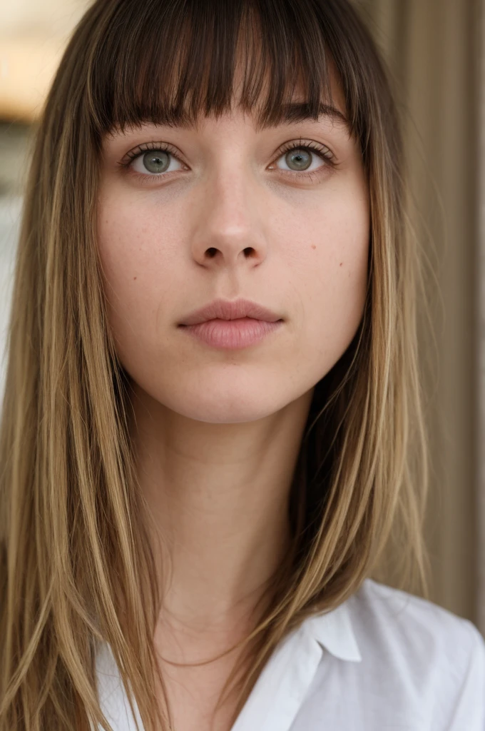 beautiful photo of a natural good looking girl, standing in a restaurant, zoomed out, Leaning forward, Long blond hair with bangs, light grey/brown eyes, Point your eyes at the camera, Eyes symmetrical, Face symmetrical, Photorealistic, Cameraman, Route tracking, Reflective lighting, Volumetric light for the face, Guide through the hair, Visible shadows, Complicated, Elaborate, skin imperfections, closed mouth