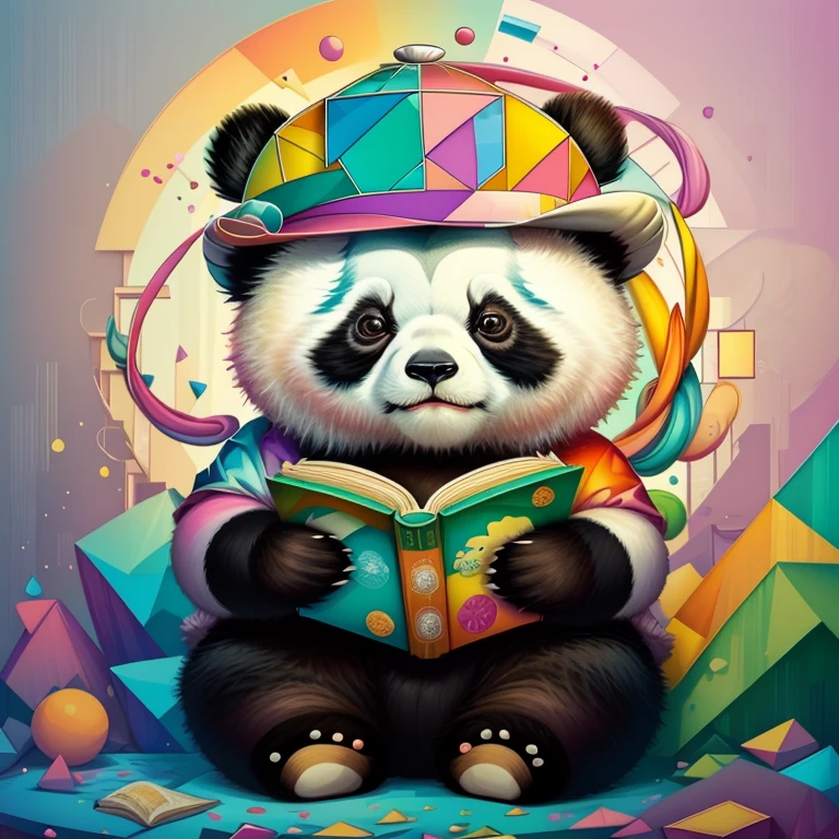 (cute baby panda reading a book with a hat),(melhor pose),(best angle), (better expression), Eduardo Kobra acolchoamento ,multidimensional geometric wall PORTRAIT, arte, Chibi,
Yang08k, lindo, Colouring,
Primary works, qualidade superior, melhor qualidade, Arte Oficial, Beautiful and Aesthetic, pelos coloridos,