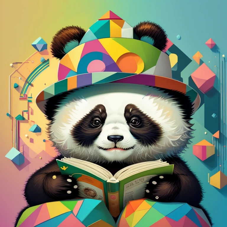 (cute panda reading a book with a hat),(melhor pose),(best angle), (better expression), Eduardo Kobra acolchoamento ,multidimensional geometric wall PORTRAIT, arte, Chibi,
Yang08k, lindo, Colouring,
Primary works, qualidade superior, melhor qualidade, Arte Oficial, Beautiful and Aesthetic, pelos coloridos,