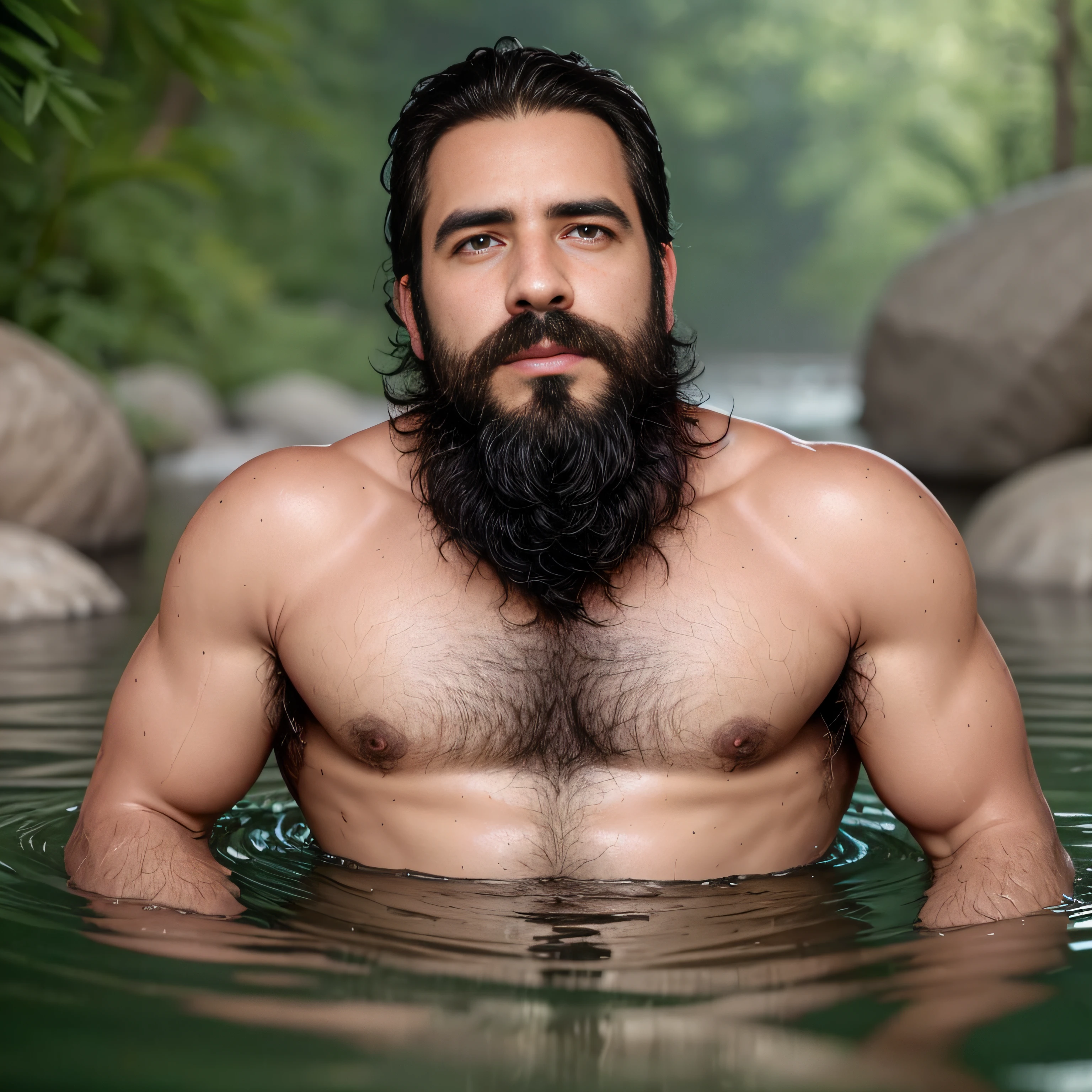 ultrahigh resolution, La mejor calidad, Foto, 4k, (fotorrealista: 1.4), cinematic lighting, a beautiful 38 year old man bathing in a river, barba, brown eyes