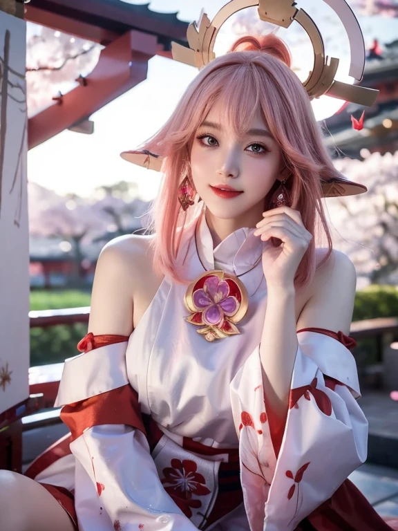 kpop idol, yae miko, detached sleeves, bare shoulders, pink hair, long hair, japanese clothes, best quality, (painting:1.5), (hair ornament:1.35), jewelry, purple eyes, earrings, breasts, torii, cherry blossoms, lantern light, depth of field face focus, ribbon_trim, (looking at viewer:1.25), nontraditional miko, shiny skin, long sleeves, smile, thick lips, hands on lips, east asian architecture, (blurry background:1.2), sitting, upper body,((ultra high res, 8k, RAW photo, best quality, masterpiece:1.47746,realistic:1.4, photo-realistic:1.4,cinematic lighting:1,intricate details:1,raw photo:1))(((ultra-detailed:1.47746))),professional lighting,((physically-based rendering:1)), ((ruddy skin:1,sweat))lens flare,ray tracing ,(extremely detailed face, beautiful detailed eyes,expressive hair:1.5,shiny hair;1)cinematic lighting,(vivid expression) (body muscle:1) solo(1girl:1.5)((smiling:1),(plump figure:1,blance body:1)(realistic hand,realistic clothes)