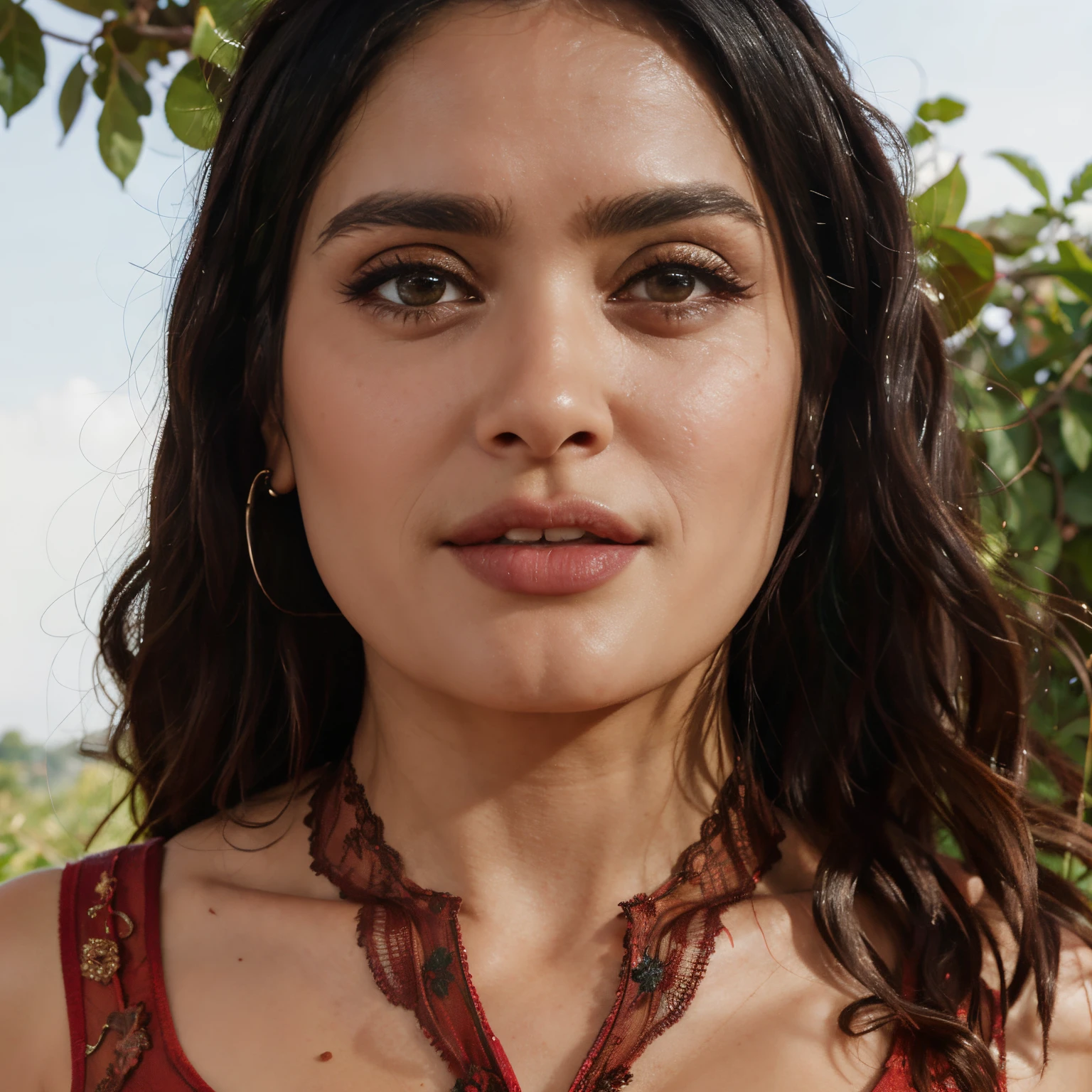 (masterpiece:1.2, Best Quality:1.2), 32K HDR, High resolution, Solo, 1girl in, (ultra-realistic portrait of Salma Hayek:1.1), (Black hair, Long hair, mexican actress, Mature Face, realistic 45 year old, Realistic nasolabial folds:1.1, fine lines:1.1), (red sheer dress:1.1, see through dress, thin dress, transparent dress, standing), ultra huge breasts, (nearby abandoned hut, jungle), Detailed eyes, Detailed skin texture, detailed face,