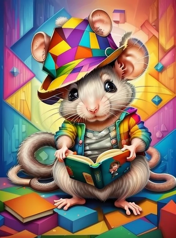 (cute rat reading a book with a hat),(melhor pose),(best angle), (better expression), Eduardo Kobra acolchoamento ,multidimensional geometric wall PORTRAIT, arte, Chibi,
Yang08k, lindo, Colouring,
Primary works, qualidade superior, melhor qualidade, Arte Oficial, Beautiful and Aesthetic, pelos coloridos,