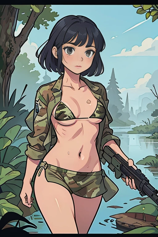 Masterpiece, comic style, Girl with a gun, Wet Sheer Camouflage Bikini Uniform, ((Naked )), walks through the swamp, Sateen