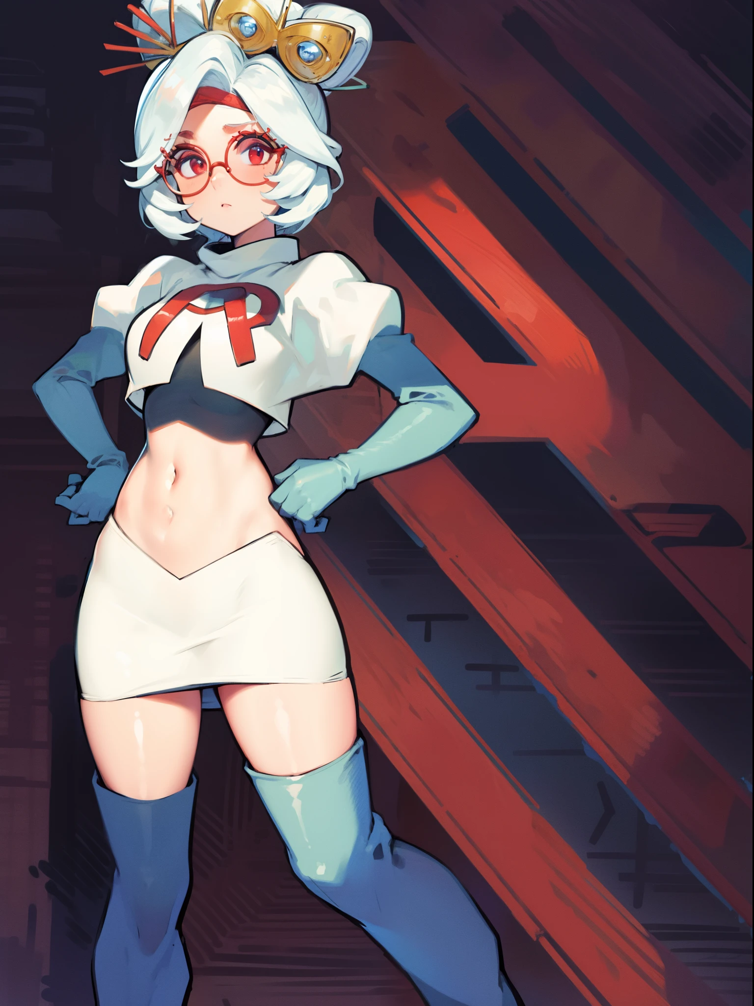 masterpiece, best quality, purah, red glasses, hair ornament,1girl,team rocket,team rocket uniform, red letter R, white skirt,white crop top,black thigh-high boots,black elbow gloves, hand on hips,