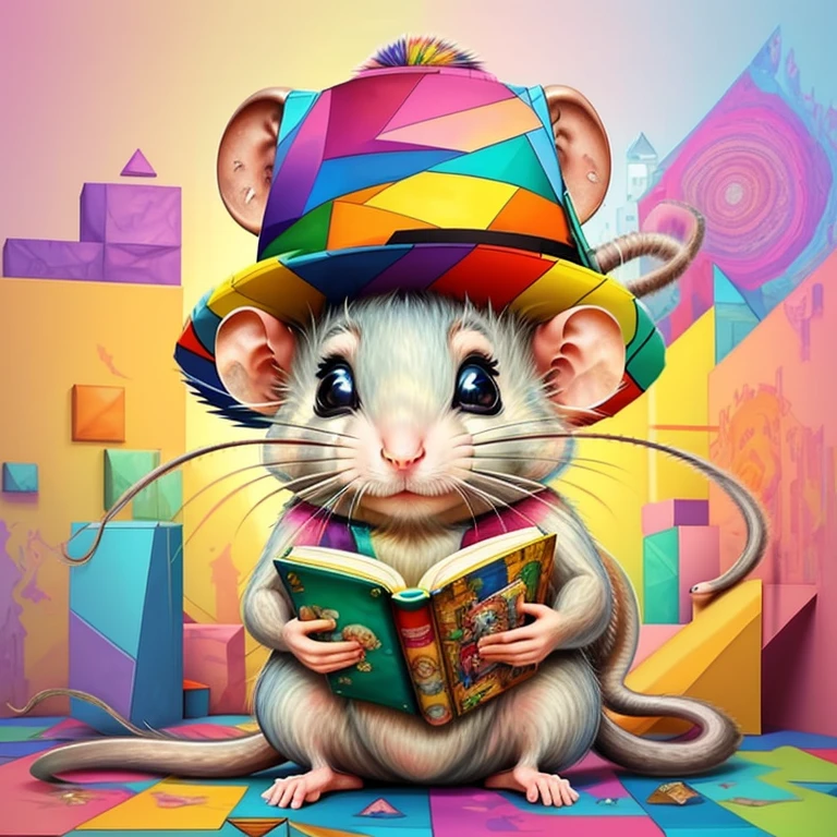 (cute rat reading a book with a hat),(melhor pose),(best angle), (better expression), Eduardo Kobra acolchoamento ,multidimensional geometric wall PORTRAIT, arte, Chibi,
Yang08k, lindo, Colouring,
Primary works, qualidade superior, melhor qualidade, Arte Oficial, Beautiful and Aesthetic, pelos coloridos,