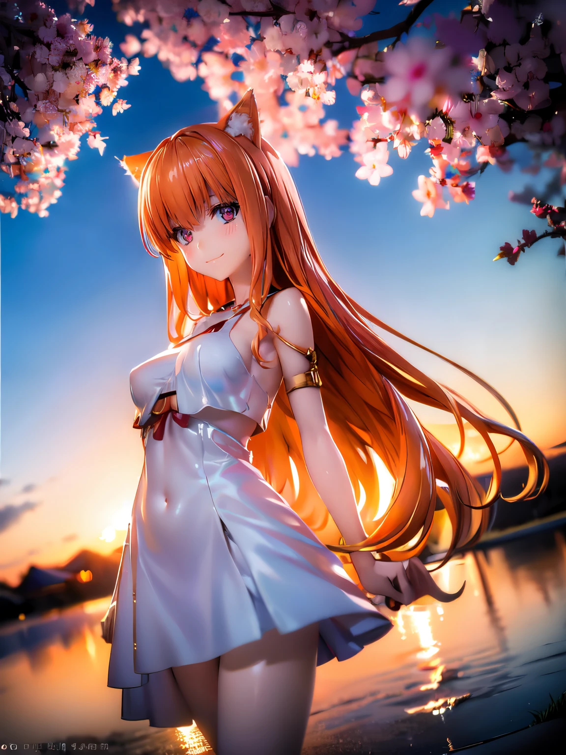 horo, A young girl with medium breasts in a long voluminous skirt, slender body, (((medium breasts))), bare chest, detailed eyes, masterpiece, beautiful light up, perfect lighting, ultra-detailliert, ultra quality, HD, Nikon, realism, smiling, naughty pose, perfecteyes eyes, glamour shot, model, facial recognition