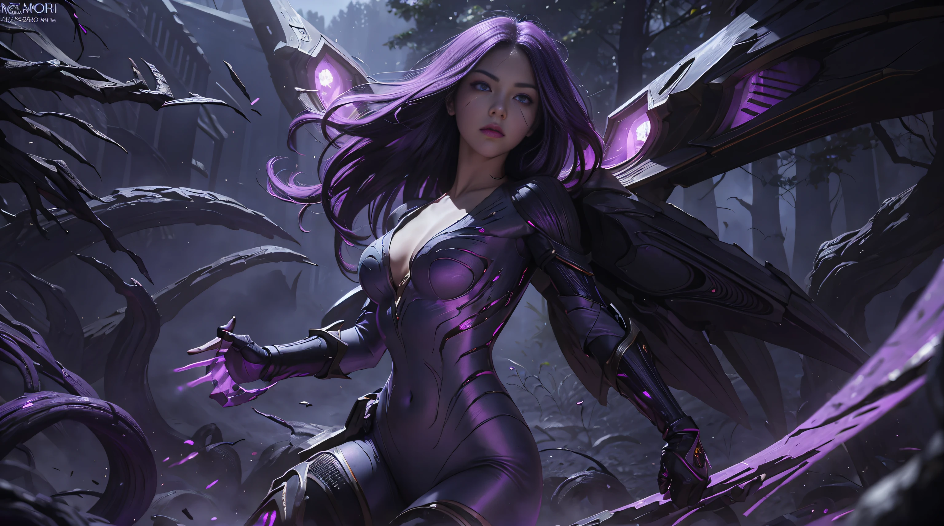 s the perfect face,Nice face,perfect hands,perfect eyes, clear eye details, detailed eyes, dark purple eyes, 1girll,Kai'Sa,league of legend,Kai'Sa,Purple wings,Deep purple hair,Purple lips,(Purple glowing eyes),(Purple pattern on the face),Purple earrings,(Black collar),Big breasts tightened,cold expressions,intense glare,looking at viewert,From the front,(dynamicposes),(Wings of the Void),arma,tmasterpiece,the Extremely Detailed CG Unity 8K Wallpapers,best qualtiy,32K,Focus Clear,Cyber City,neonlight,light circles,((The background is a mystical alien forest full of blue glowing trees)),Purple Leather Pants,(The navel glows purple),Purple glow at the waist,Xenomorph burst out of the chest,Rip your belly, shooting