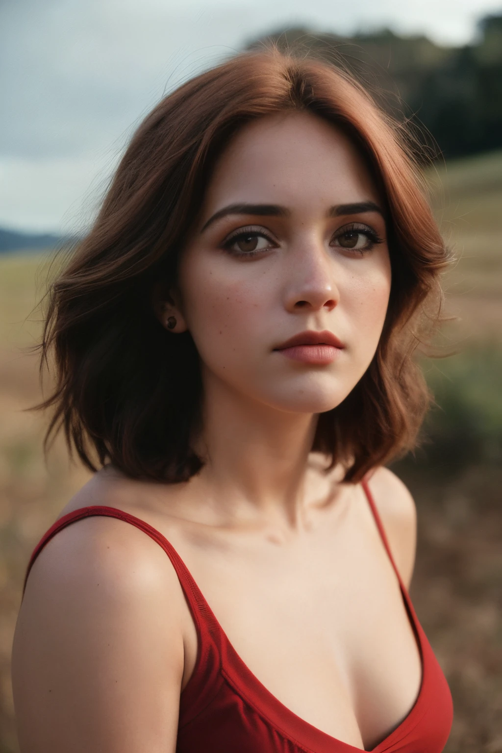 (Close-up, Fotografia editorial de uma mulher de 23 anos com longos cabelos loiros), (Rosto altamente detalhado:1.4) (sorrir:0.7) (fundo dentro escuro, Moody, estudo privado:1.3) Pov, Directed by: Lee Jeffries, Nikon D850 |, filme fotografia de stock ,4 Kodak Portra 400 ,camera f1.6 lentes ,cores ricas ,hyper realistic ,textura realista, dramatic lighting , cinestill 800,bom corpo e decote grande usando vestido vermelho deitado na estrada, Peitos grandes