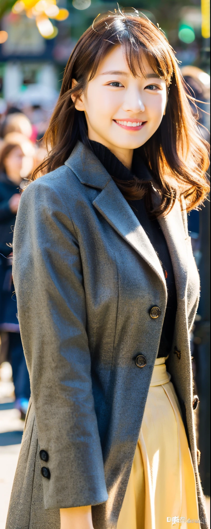 (8k, RAW photos, top quality, masterpiece: 1.2, ultra detailed, super resolution, real photos: 1.37), (Full body photo), 1 noble elegant Japanese lady, (standing contrapposte), ((pale color coodinate amber peach light brown other color, wearing over-size grey coat, beige long skirt, inner shirt, black tights, wearing long boots)), Shiny, Smile, Looks like 1.8 meters tall, large pelvis, Large breasts, big cuvy hips, Thin waist, Long legs, skin hyper-detail, 20 years old, Perfect face, (Detailed facial features), Wavy hair, Daylight, autumn season, center of street, crowd of people,