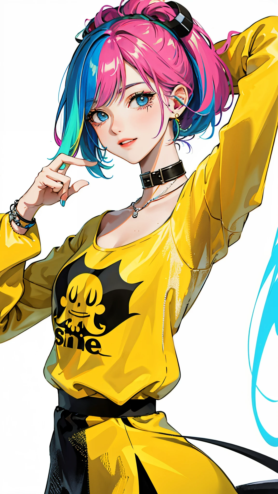 ((Mastepiece: 1.2, highest quality)), (real photo, ultra details), (1 lady, solo, upper body, small breasts), hip hop culture, hair color is yellow, clothing is hip hop fashion, friendship and dance movie poster, portrait, happy expression, drawn in ink, creative, background design that looks like dripping ink, white background, bright color scheme, colorful, neon color, vivid color,