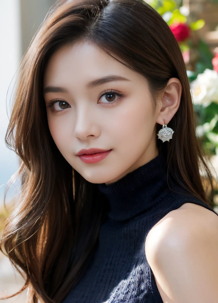 (Female, 22 years old), (Medium :1.3), rose garden、Lots of red roses on the background、 ((Grab the viewer's hand)), (​master piece: 1.3), (max resolution: 1.4), (UltraHD: 1.2), cinematric light, UltraHD, (Detailed eyes and skin), (detailed  features), nffsw, 8K分辨率, Perfect Style, beautiful countenance、Highly detailed  and skin texture、A detailed eye、二重まぶた、Glitter Eyeliner:1.2、thin cheeks、(fair white skin:1.3)、shiny earrings,Red Rouge:1.2、shiny lip:1.2、((FULL BODYSHOT:1.2))、((From a very intimate distance:1.2))、((Navy High Neck Pipeknit Dress))、high-heels、(Layered Hair Style、lightbrown hair)、medium-Long hair、(Very attractive smile:1.2)