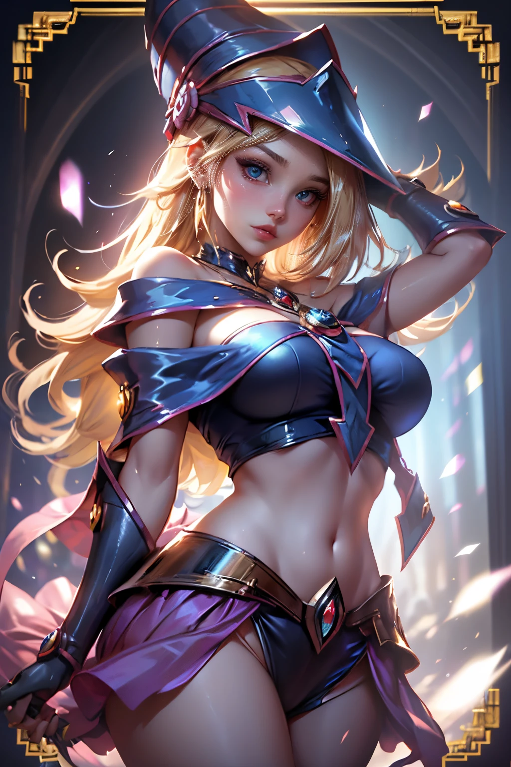 (Obra maestra:1.2), (La mejor calidad:1.2), Perfect lighting, Chica Maga Oscura lanzando un hechizo, In his twenties, flotando en el aire, tetas grandes, escote, blue robe, sombrero grande, desde arriba, Destellos, Yugioh Card en el fondo
