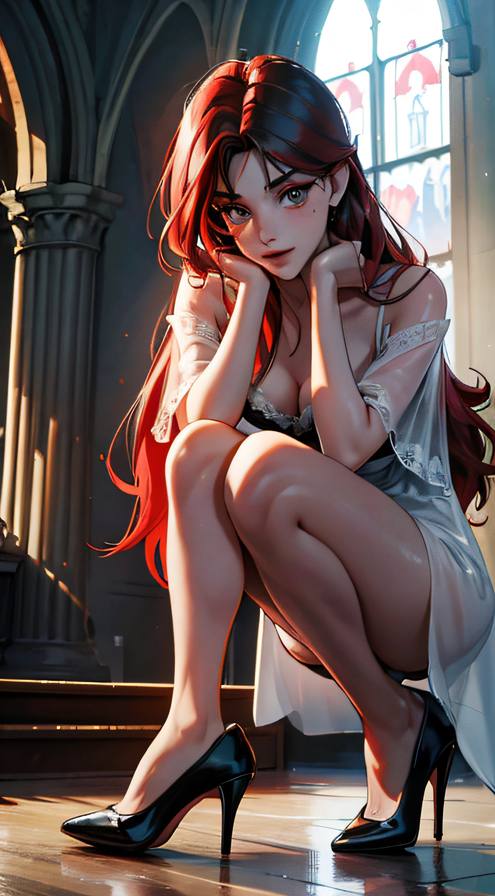 Movie footage of Mario Bava's horror movie, Full Medium Close-up, Gorgeous 18-year-old woman resembling Bella Thorne, long red hair, soft pale skin, Pretty and young々Shishi Face, Well-defined eyebrows, , delicate nose, plump round lips, thin and long legs,White high heels,Walk through a Gothic ruined church in a white see-through dress at night, Foggy and rainy conditions, Ghostly atmosphere, 1600s, (high skin detail: 1.2), Ultra-detailed, Photorealsitic, depth of fields, Cinematic lighting, IMAX Camera, nffsw, nffsw, Full-HD, 8K,open one's legs,Show panties,Show your bra,Sleeping in a rotten bed,closing eye,embarassed face,