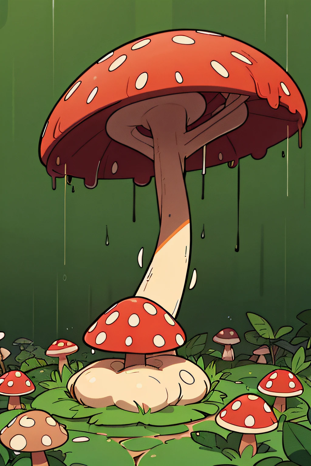 Dois cogumelos em uma floresta, it's raining, floor is wet, one of the mushrooms is red and the other is black. Usado, master part, sem pessoas