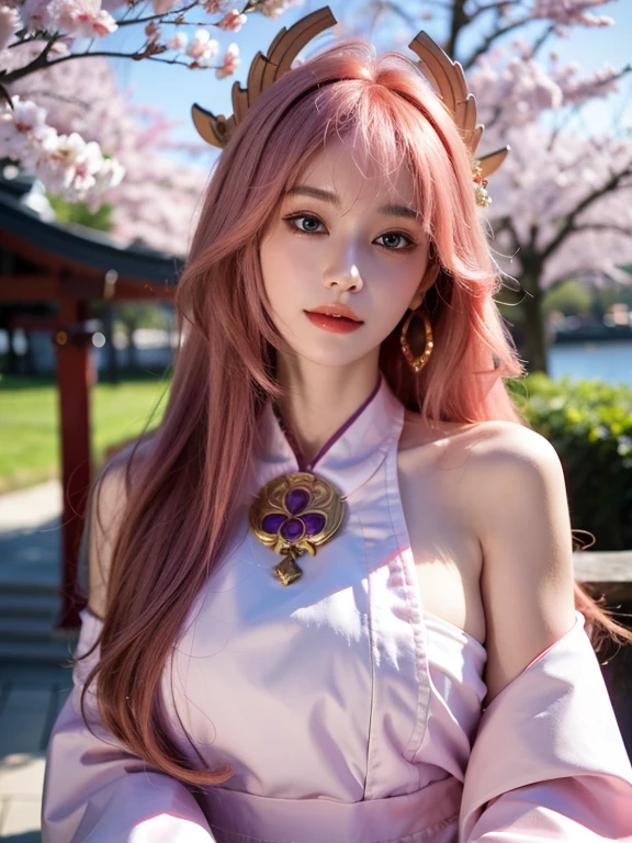 (8k, RAW photo, best quality, masterpiece:1.2),(realistic, photorealistic:1.37),realistic,live-action,photo,people,gravure photo,realistic skin,realistic face,live-action face,1 girl,(ulzzang-6500:0.7), KPOP idol, yae miko, single sleeve, bare shoulders, pink hair, long hair, kimono, top quality, (drawings: 1.5) , (Hair accessories: 1.35), jewelry, purple eyes, earrings, chest, torii, cherry blossoms, lamp light, depth of field, face detail, face focus, ribbon, ribbon buttocks bon_trim (view: 1.25), non-traditional priestess, shiny skin, long sleeves, smile, thick lips, game cg, hands on lips, East Asian architecture, (blurred background: 1.2), sitting, upper body,