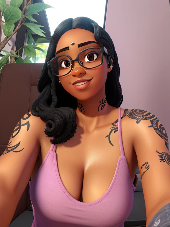 Mulher negra, 29 anos, cabelo preto, olhos castanhos escuros, Eyeglasses, tatuagem, vestindo vestido florido