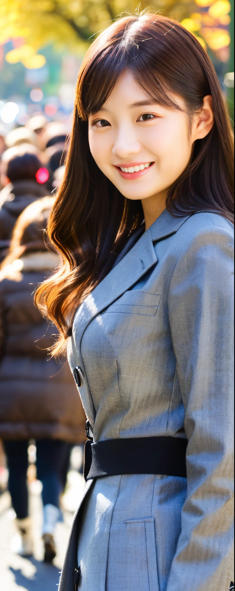(8k, RAW photos, top quality, masterpiece: 1.2, ultra detailed, super resolution, real photos: 1.37), (Full body photo), 1 noble elegant Japanese lady, (standing contrapposte), ((pale color coodinate amber peach light brown other color, wearing over-size grey coat, beige long skirt, inner shirt, black tights, wearing long boots)), Shiny, Smile, Looks like 1.8 meters tall, large pelvis, Large breasts, big cuvy hips, Thin waist, Long legs, skin hyper-detail, 20 years old, Perfect face, (Detailed facial features), Wavy hair, Daylight, autumn season, center of street, crowd of people,