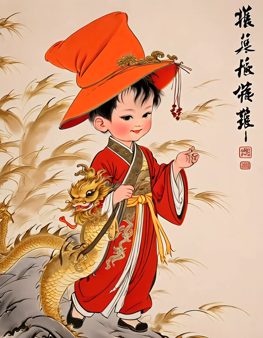 Chinese new year character design，(((Vector illustration style)))，(1 cute  boy，Wearing traditional red hat，Wearing Chinese red clothes，The clothes are painted with golden dragons、Phoenix and other patterns，Highlighting the theme of 2024 as the Year of the Dragon in the Chinese Lunar Calendar)。（The eyes are big，Two small dimples are revealed when blinking，Smile and open your mouth to show your neat teeth，Hand holding red envelope，Big red envelope，The action of sending blessings or receiving lucky money）。（Thick bouncy black curly hair，Wearing a small red flower on the head）。（Red hat with gold trim and embroidery，The clothes have detailed designs such as buttons and embroidery), (((The stands up，Chinese Xiangyun cloth shoes: 1.6, Glowing lines or orange LED light effect))), (full body shot of: 1.5), ((Chinese element background，Auspicious cloud background)), (pov, first-person view, Ghibli-like colours, Luminism, cinematic lighting, UHD, masterpiece, ccurate, anatomically correct, textured skin, super detail, high details, high quality, award winning, best quality, 16k), ((Drawn by adobe illustrator software))