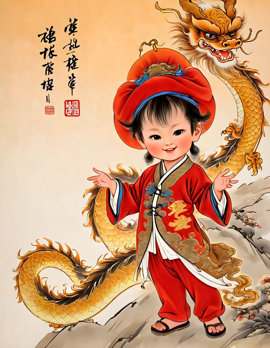 Chinese new year character design，(((Vector illustration style)))，(1 cute little boy，Wearing traditional red hat，Wearing Chinese red clothes，The clothes are painted with golden dragons、Phoenix and other patterns，Highlighting the theme of 2024 as the Year of the Dragon in the Chinese Lunar Calendar)。（The eyes are big，Two small dimples are revealed when blinking，Smile and open your mouth to show your neat teeth，Hand holding red envelope，Big red envelope，The action of sending blessings or receiving lucky money）。（Thick bouncy black curly hair，Wearing a small red flower on the head）。（Red hat with gold trim and embroidery，The clothes have detailed designs such as buttons and embroidery), (((The stands up，Chinese Xiangyun cloth shoes: 1.6, Glowing lines or orange LED light effect))), (full body shot of: 1.5), ((Chinese element background，Auspicious cloud background)), (pov, first-person view, Ghibli-like colours, Luminism, cinematic lighting, UHD, masterpiece, ccurate, anatomically correct, textured skin, super detail, high details, high quality, award winning, best quality, 16k), ((Drawn by adobe illustrator software))