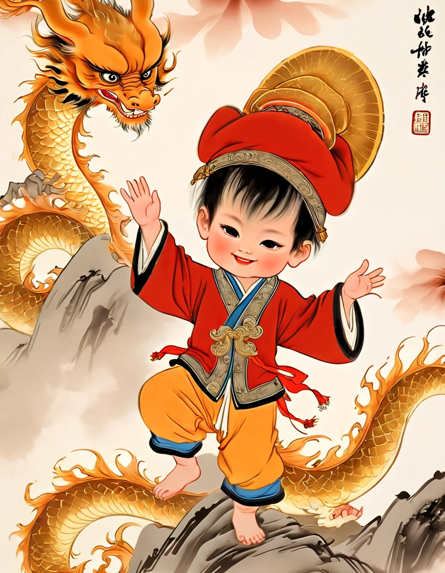Chinese new year character design，(((Vector illustration style)))，(1 cute little boy，Wearing traditional red hat，Wearing Chinese red clothes，The clothes are painted with golden dragons、Phoenix and other patterns，Highlighting the theme of 2024 as the Year of the Dragon in the Chinese Lunar Calendar)。（The eyes are big，Two small dimples are revealed when blinking，Smile and open your mouth to show your neat teeth，Hand holding red envelope，Big red envelope，The action of sending blessings or receiving lucky money）。（Thick bouncy black curly hair，Wearing a small red flower on the head）。（Red hat with gold trim and embroidery，The clothes have detailed designs such as buttons and embroidery), (((The stands up，Chinese Xiangyun cloth shoes: 1.6, Glowing lines or orange LED light effect))), (full body shot of: 1.5), ((Chinese element background，Auspicious cloud background)), (pov, first-person view, Ghibli-like colours, Luminism, cinematic lighting, UHD, masterpiece, ccurate, anatomically correct, textured skin, super detail, high details, high quality, award winning, best quality, 16k), ((Drawn by adobe illustrator software))