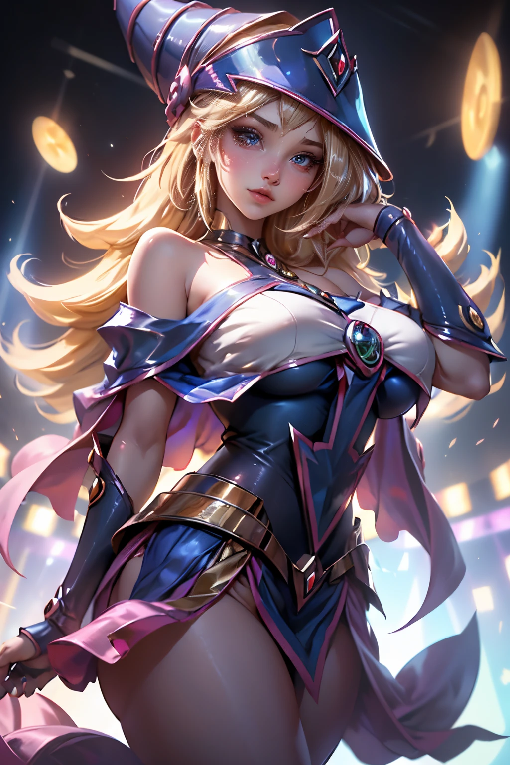 (Obra maestra:1.2), (La mejor calidad:1.2), Perfect lighting, Chica Maga Oscura lanzando un hechizo, In his twenties, flotando en el aire, tetas grandes, escote, blue robe, sombrero grande, desde arriba, Destellos, Yugioh Card en el fondo
