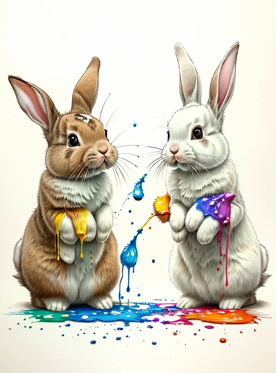 colored pencil drawing of two bunnies playing with paint splashed on them and drops of paint falling --ar 4:5 --s 500
