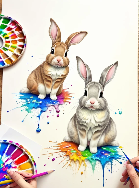 colored pencil drawing of two bunnies playing with paint splashed on them and drops of paint falling --ar 4:5 --s 500