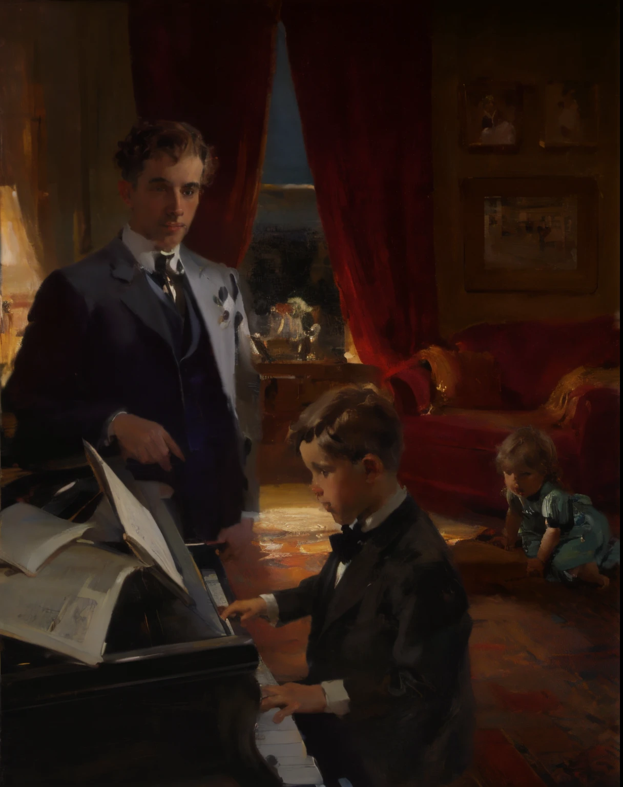 impasto oil painting by John Singer Sargent and Gustav Klimt featuring a teen boy playing piano, A happy brown-haired caucasian 40-year-old male music teacher standing and watching a teenage brown-haired boy play piano in a 1915 Manhattan apartment while a 2-year-old blonde girl plays on a Persian rug on the floor, dramatic rim lighting, oil paint, painterly
