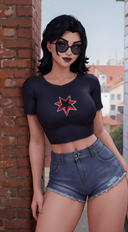 1 Mulher sozinha, 1girl, xyzsurfwitch, (xyzhaze:0.5), cabelos pretos, cabelo para cima, coque de cabelo, chifres, mascara, black lips, maquiagem, boca fechada, foco apenas, sun glasses, short shorts, camiseta vermelha do tanque, estrela_/(pattern/),
sorridente,Olhando para o Viewer, Blusa vermelha surf witch , summer denim shorts, cabelo preto, rabo de cavalo,  blusa vermelha, chifres vermelhos, maquiagem, black lipstick Blush bracelet inside Big breasts Long hair Looking at each other Looking at the viewer Night sky in the starry sky (heaven)
suar coxas grossas Coxas. sozinha