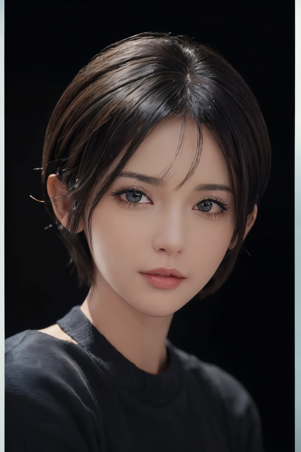 (masterpiece:1.3), (8k, photorealistic, RAW photo, best quality: 1.4), (1girl), beautiful face, (realistic face), (black hair, short hair:1.3), beautiful hairstyle, realistic eyes, beautiful detailed eyes, (realistic skin), beautiful skin, (sweater), absurdres, attractive, ultra high res, ultra realistic, highly detailed, golden ratio