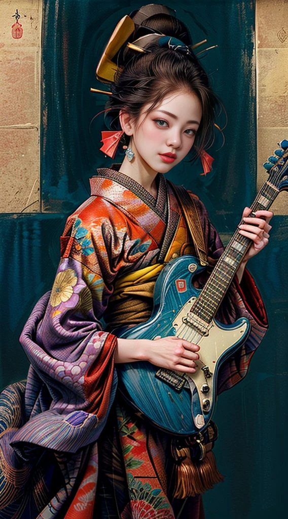 jisoo from blackpink: (Best Quality, masutepiece) (((A girl wearing a kimono and playing an electric guitar))), full bodyesbian、 His eyes are large and expressive, For natural voluminous eyelashes. Jisoo has clear and glowing skin, With soft and delicate strokes. Her smile is adorable and a cowboy shot、Oiran Style、ultra-detailliert、Beautifully Aesthetic、masterpiece、top-quality、A detailed eye、Red eyes、(((Smaller chest)))、1girl in、独奏、looking at the viewers、blue eyess、A dark-haired、hair adornments、komono、kimono、makeups、lipsticks、hair stick、red kimono、kanzashi、layered clothes、Art parody、, earrings, neons, Beautiful lighting, Purple Reflection, Cap, Character Focus, CG Illustration