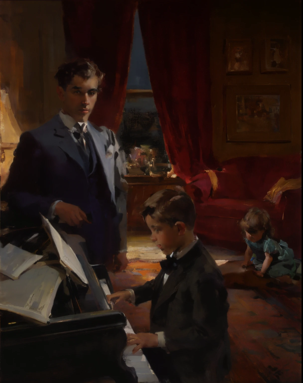 impasto oil painting by John Singer Sargent featuring a teen boy playing piano, A happy brown-haired caucasian 40-year-old male music teacher standing and watching a teenage brown-haired boy play piano in a 1915 Manhattan apartment while a 2-year-old blonde girl plays on a Persian rug on the floor, dramatic rim lighting, oil paint, painterly