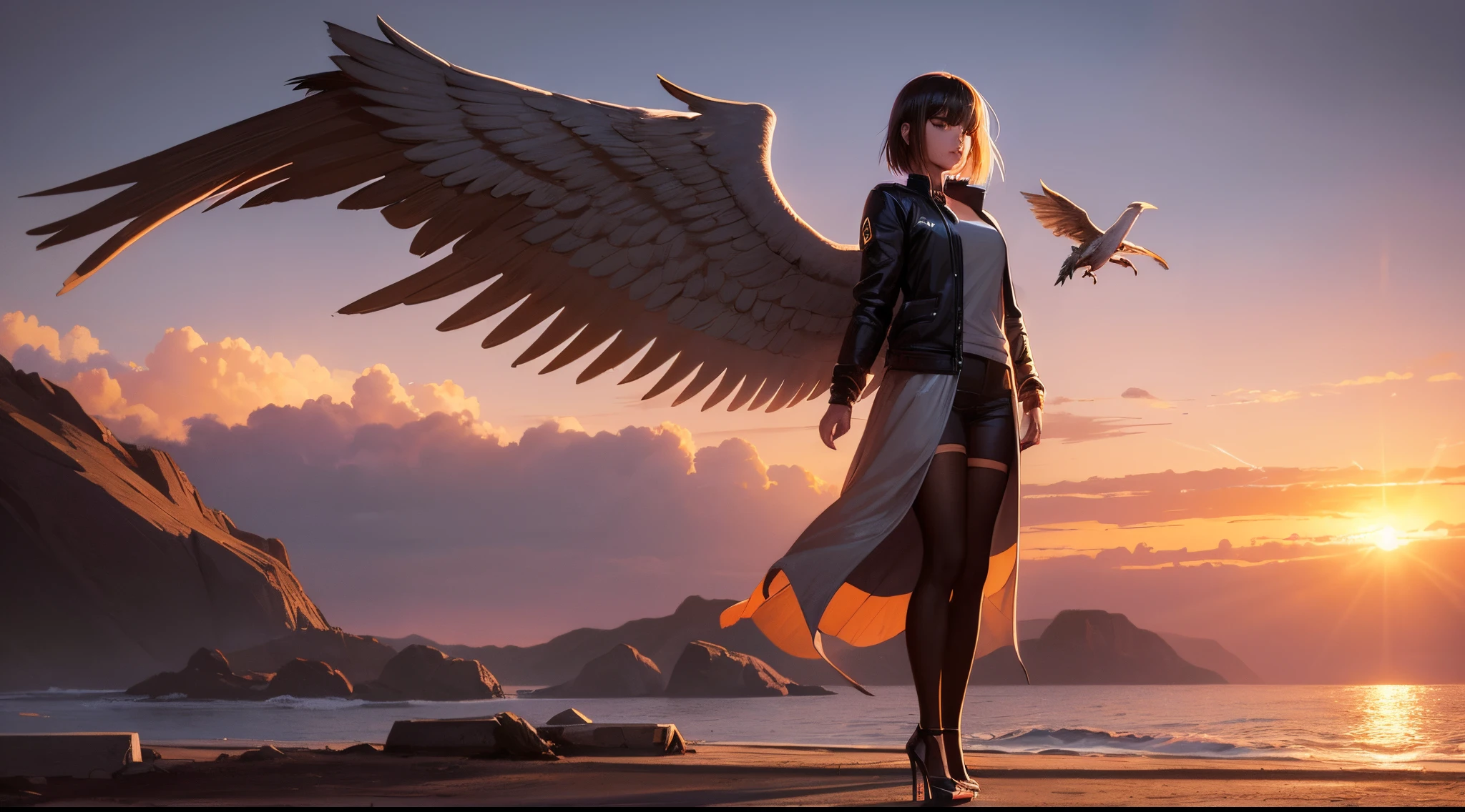 Woman, with wings, dressed in a jacket and in silver clothes, short shoulder-length hair, in high heels, sunset background, bangs, Action painting, Cinematic lighting, High details, best quality, 16k, Hard disk