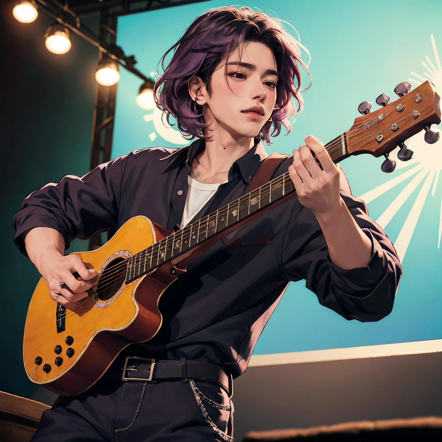 Foto real, chico guitarrista guapo, androgynous prince dressed in lilac, chico lindo, uzzang 17 years old