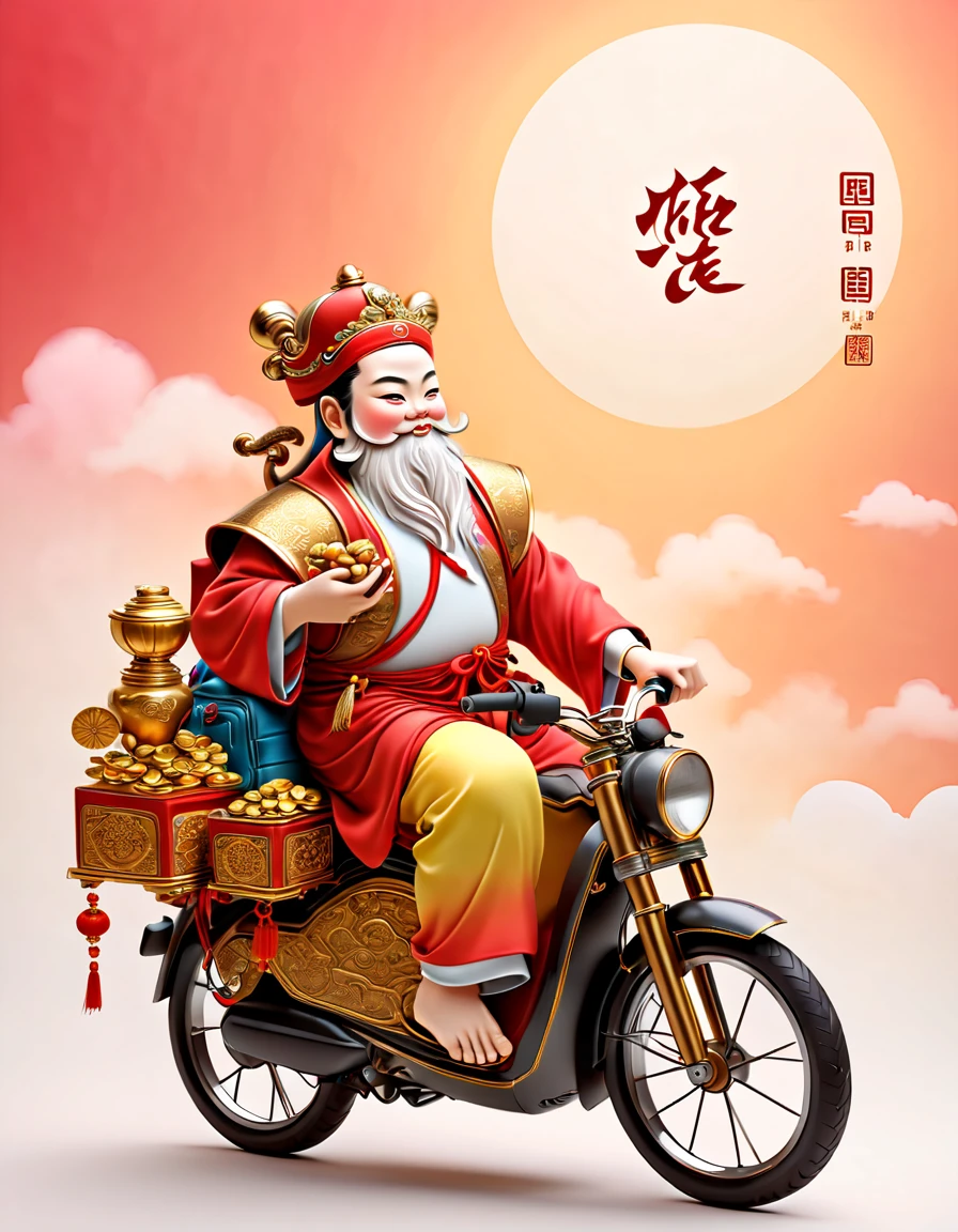Chinese new year character design,(((Vector illustration style))),(Chinese - chic Chinese mythological God of Wealth, anatomically correct, oriental elements), (A lovely God of Wealth,Riding an e-bike,Backpack packed with gold ingots,Treasures follow), (Chinese Colors, Advanced Color Matching, Gradient Background, White Background: 1.5), (Very Detailed, Well Designed, Clear Lines, High Definition, Best Quality, Masterpiece, Official Art, Cinematic Lighting Effects, 8K), (Full body photo: 1.5), ((Chinese element background,Auspicious cloud background)), (pov, first-person view, Ghibli-like colours, Luminism, cinematic lighting, UHD, masterpiece, ccurate, anatomically correct, textured skin, super detail, high details, high quality, award winning, best quality, 16k), ((Drawn by adobe illustrator software))