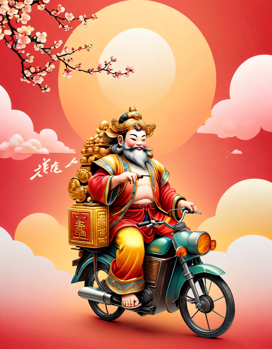 Chinese new year character design，(((Vector illustration style)))，(Chinese - chic Chinese mythological God of Wealth, anatomically correct, oriental elements), (A lovely God of Wealth，Riding an e-bike，Backpack packed with gold ingots，Treasures follow), (Chinese Colors, Advanced Color Matching, Gradient Background, White Background: 1.5), (Very Detailed, Well Designed, Clear Lines, High Definition, Best Quality, Masterpiece, Official Art, Cinematic Lighting Effects, 8K)， (Full body photo: 1.5), ((Chinese element background，Auspicious cloud background)), (pov, first-person view, Ghibli-like colours, Luminism, cinematic lighting, UHD, masterpiece, ccurate, anatomically correct, textured skin, super detail, high details, high quality, award winning, best quality, 16k), ((Drawn by adobe illustrator software))