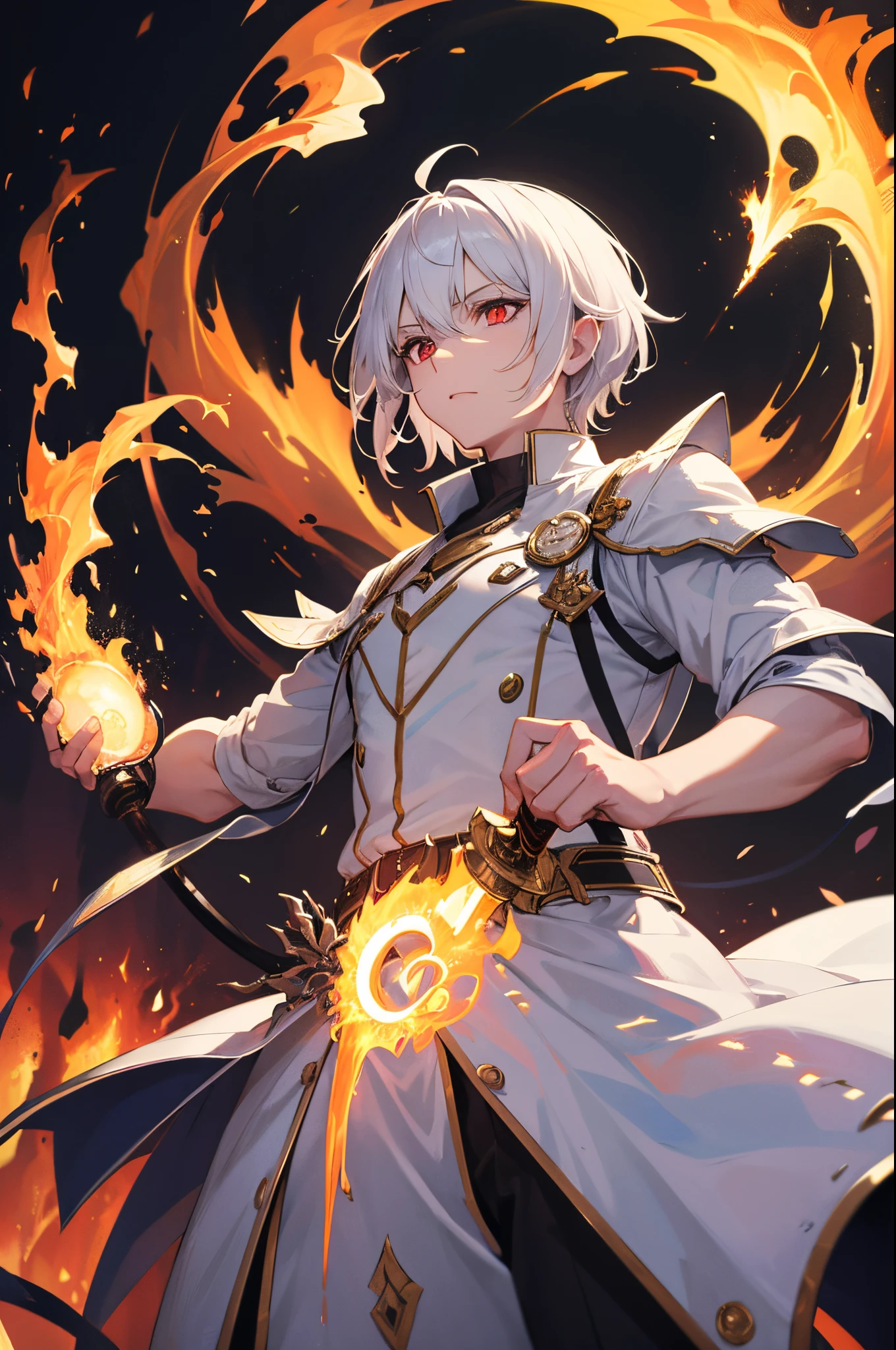 (absurderes, hight resolution, ultra-detailliert), masutepiece, Best Quality, a man in white outfit, wielding sword, sword surrounded by fire, Solo, Handsome, finely eye, Detailed face, Short hair, White hair, brilliant red eyes, Ruined city, Dark background, From below, Look down, Cowboy Shot, swirls, vortex, Spark