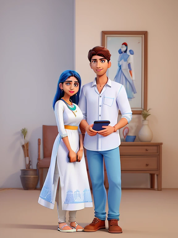 a man with white colour shirt and blue colour jeans,a women wear white colour indian traditional dress punjabi,a man holding phone in hand,a women and man selfie,post to camera,standing