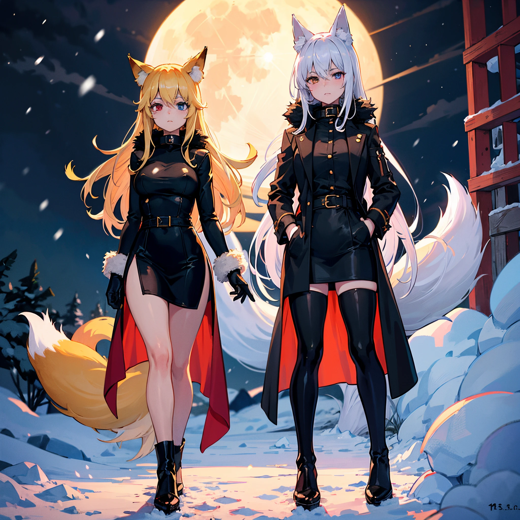 art noveau, masterpiece 1.3, golden ratio, firefox, fox ears, fox tail, bare skin, goth, anime, female, blonde hair, heterochromia, stockings, long black dress, thin black gloves, black coat with furr collar, night, full moon, one girl, winter, snow