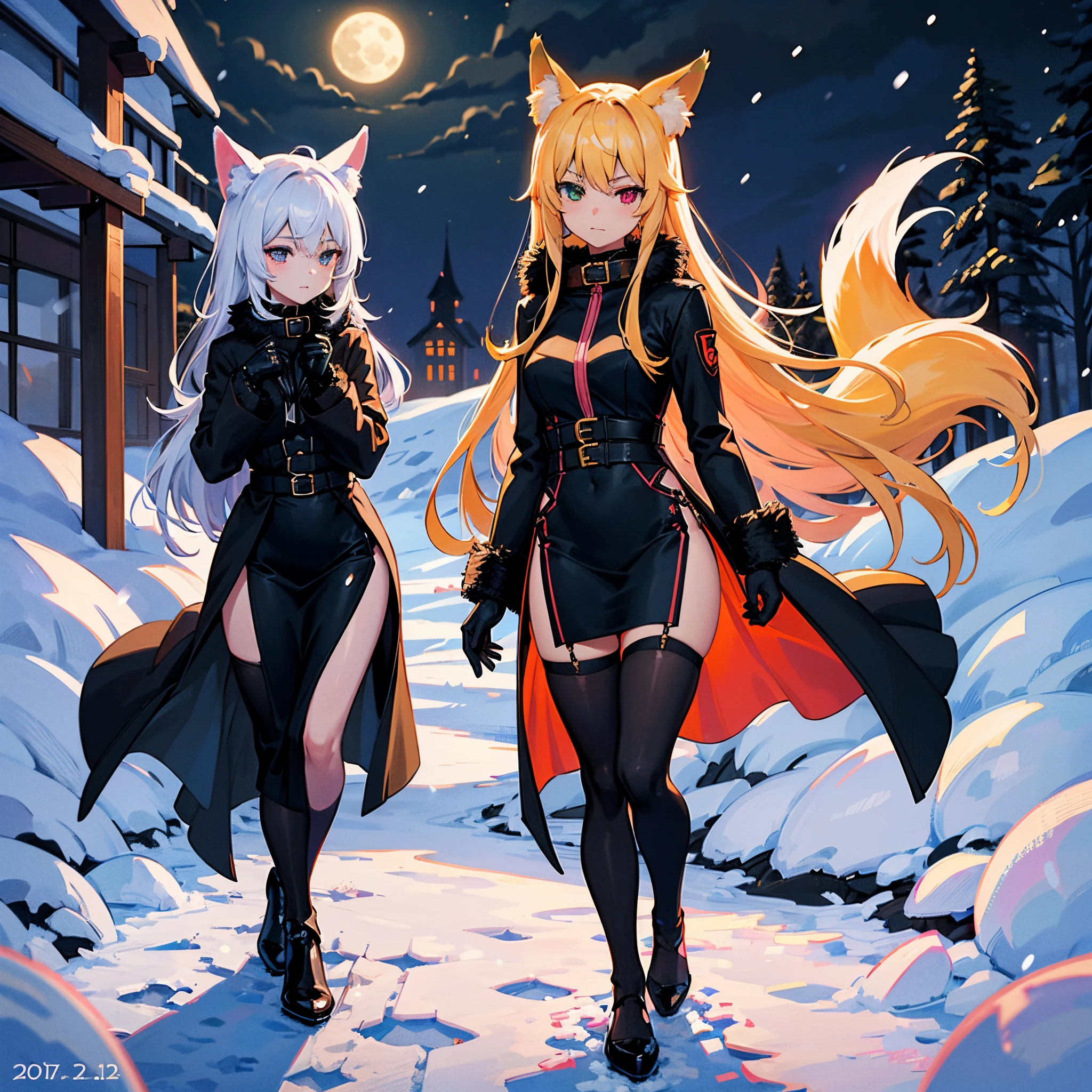 Long, bushy, light brown hair with a gray tint。Coldly。Round and flat face。Large, round, yellow-green eyes。Large pupils。Small, flat nose。Small round cat ears。Small and stocky build。The limbs are short and sturdy.。Cold-resistant。fluffy fur。sensitive。Black Costume Belt on torso Gothic