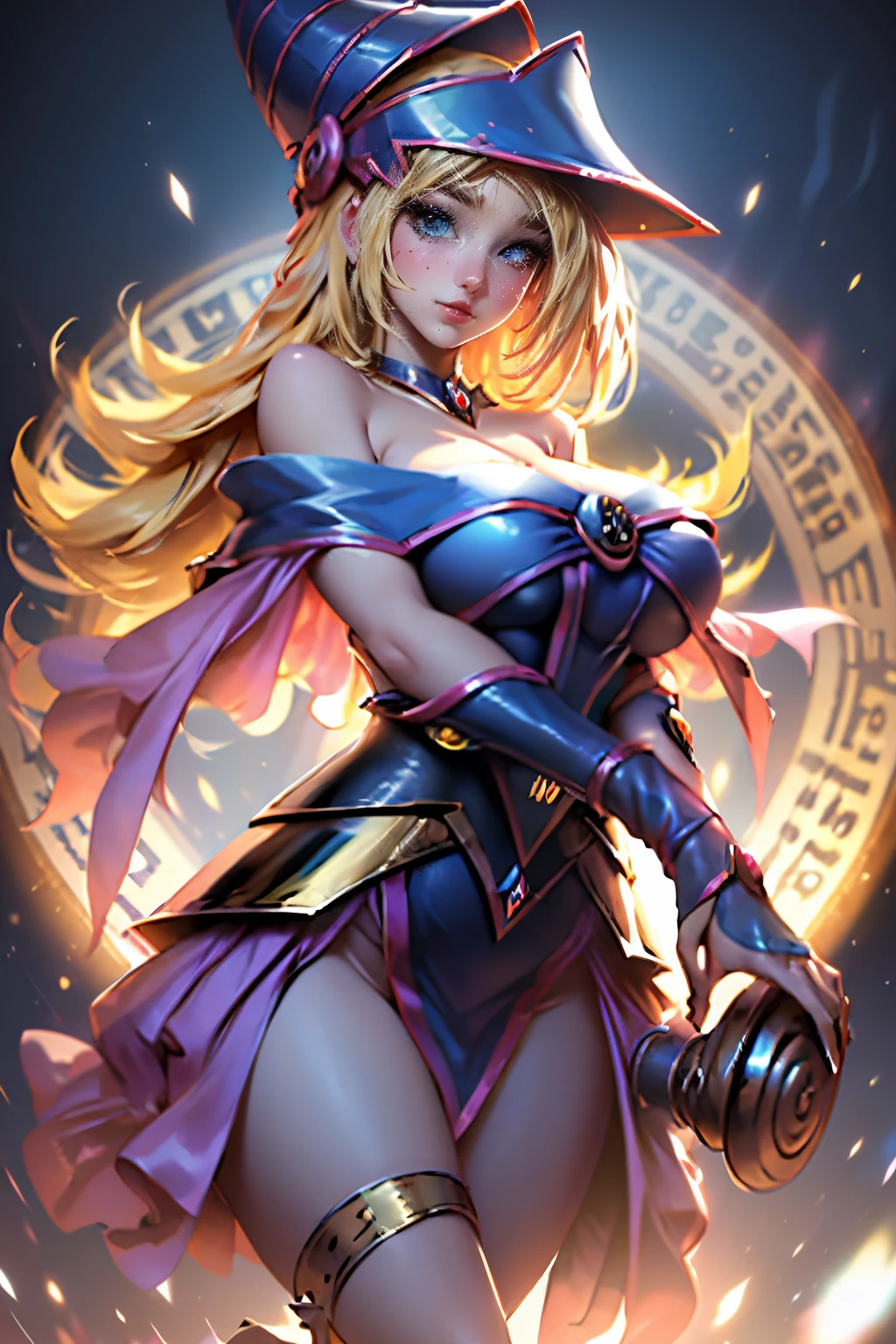 (Obra maestra:1.2), (La mejor calidad:1.2), Perfect lighting, Chica Maga Oscura lanzando un hechizo, In his twenties, flotando en el aire, tetas grandes, escote, blue robe, sombrero grande, desde arriba, Destellos, Yugioh Card en el fondo