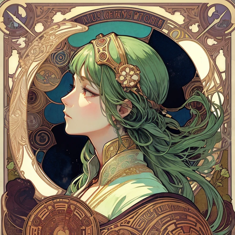 woman smoking cigarette、by mucha、art noveau、profile