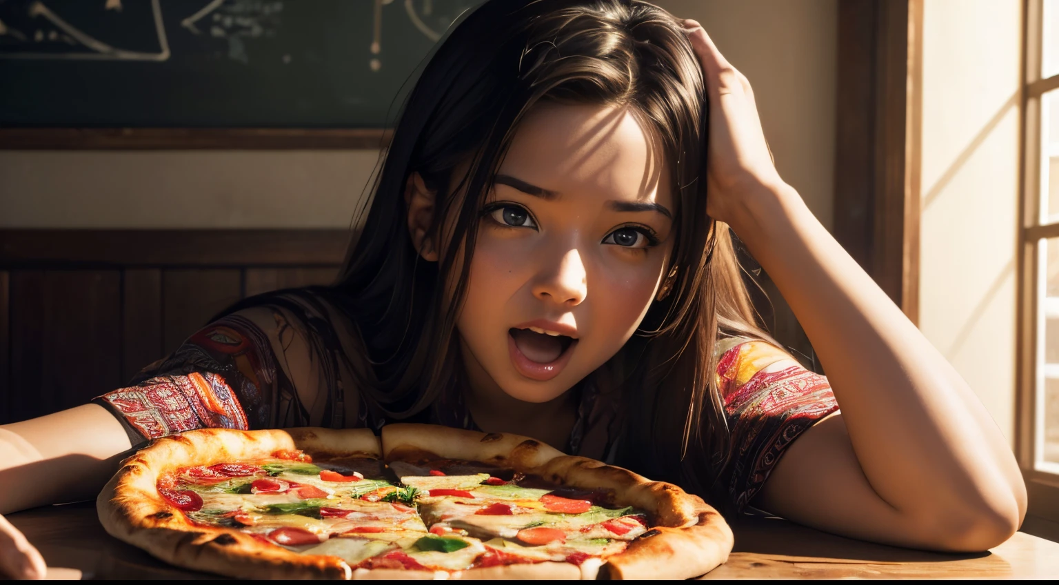 (best quality,ultra-detalhado,Realistic:1.37),cores vibrantes,sunlight,retrato,pizza,garota,amazed expression,boca aberta,hands covering face,mesa