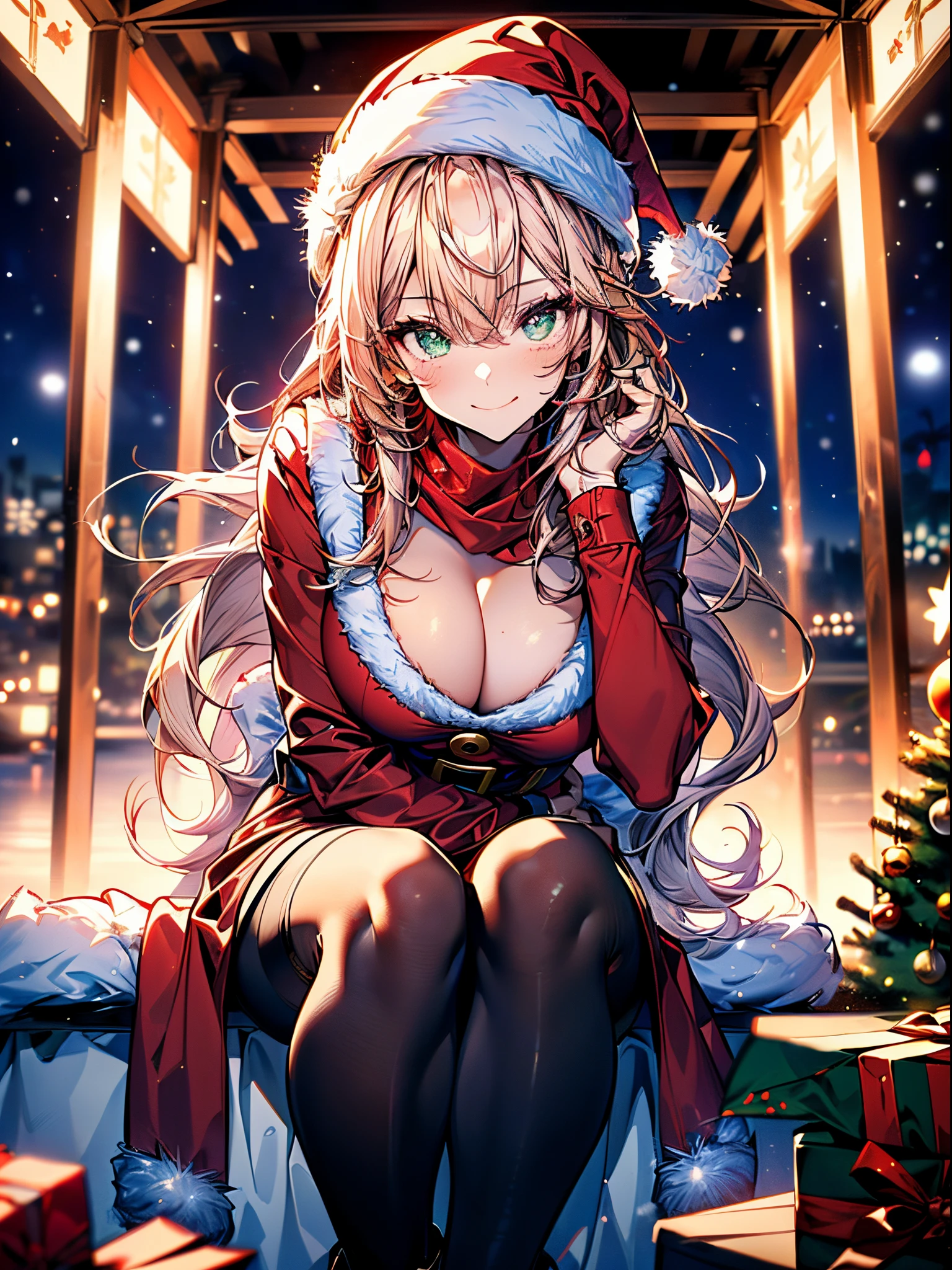 (Scine of Xmas events in Home party:1.3), ((matured girl wearing Sexy Santa clause costume with far:1.3, red dress with green, holding a present box in both hands to give viewers:1.2, close to viewers:1.2)), a matured woman with long black hair and a red outfit, red winter coat with bore, scarfs, green ribbon tie, knee length long boots, red and green winter outfits, holding present box with wrapping by ribbon:1.5, Christmas tree decorated with many ornaments:1.2, white bags on a sled, wearing red pencil skirt, bodyesbian, fine details, beautiful anime illustration, 26 years old, (milf:1.3), (solo:1.5), (sfw:1.25), (sagging breast, fuge breasts, big tits, thin waist, big ass:1.2), Raised sexy, (dark mahogany medium short hair, updo, hair over one eye, asymmetric hair, Carly hair, low tied braids), (musulman, white Headscarfs, hair bands, head vandage, Turban), (ultra high resolution, 8K RAW photo, photo realistics, thin outline:1.3, clear focus), best qualtiy, cinematic lighting, textile shading, blurry back ground, field of depth, bokeh, (Bright pupils, fine detailed beautiful eyes with highlight:1.3, super detailed eyes, high detailed face), Red lip, fine realistic skins:1.1, looking at viewers:1.3, (dynamic angle:1.3, full body:0.6, front view:1.1, breast focus:1.3, from above:1.2), (dynamic posing:1.5, sexy posing:1.2, sitting with holding knees:1.3, leaning forward:1.4), (seductive, shy happy smile:1.4), centered image, (wearing red long coat with bore and clothes, ((bare breast:1.37)), gold ornaments, rolling red clothes around waist, dark red long leather boots:1.3, translucent white lace pantyhose), (((correct anatomy:1.5, perfect hands:1.5, ideal ratio body proportions:1.37))), (in a night:1.3),